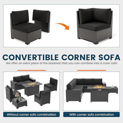 7 Piece Patio Furniture Set with Fire Pit Table, Outdoor Sectional Conversation Sets Black Wicker Rattan Sofa with Coffee Table for Patio Garden Backyard, 4'' Thickened Cushion Black