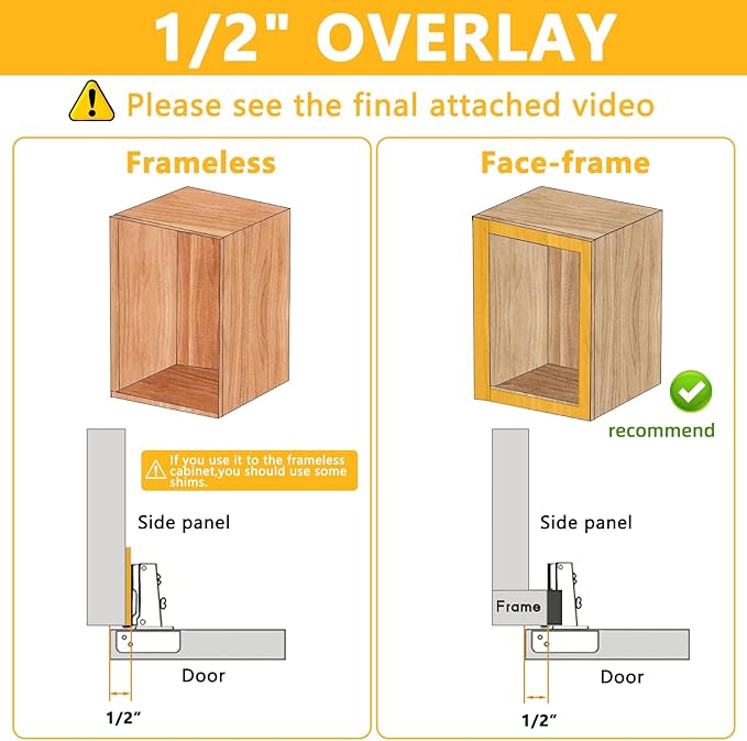 20 Pack Soft Close Cabinet Door Hinges for 1/2" Partial Overlay, 105 Degree Opening Angel, Stainless Concealed Kitchen Cabinet Hinges with Mounting Screws, Manual and Door Bumpers