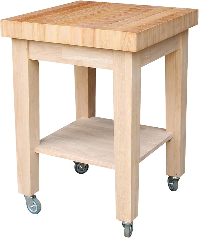 Unfinished Solid Wood Kitchen Island Cart by International Concepts – 33” Rolling Parawood Cart with Shelves, Paint or Stain to Match Any Kitchen Décor