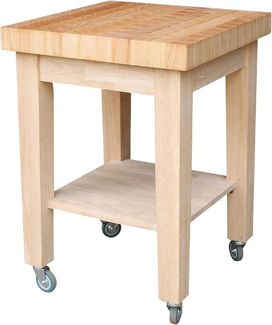 Unfinished Solid Wood Kitchen Island Cart by International Concepts – 33” Rolling Parawood Cart with Shelves, Paint or Stain to Match Any Kitchen Décor