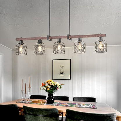 5-Light Modern Farmhouse Island Lighting, Adjustable Height Rustic Chandelier with Walnut Metal Frame & Matte Black Geometric Shade, E26 Base Hanging Light for Dining Room Over Table