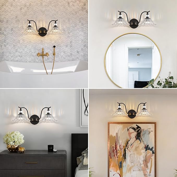 Vintage Bathroom Vanity Light Fixtures - 2 Light Antique Matte Black Bathroom Lights Fixture Over Mirror with Clear Flower Glass,Retro High End Wall-Mounted Vanity Lighting for Bath Powder Room
