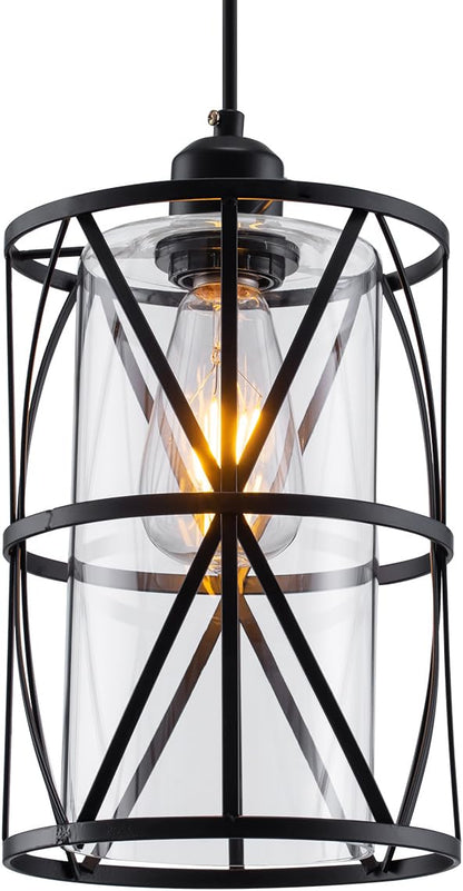 Black Industrial Metal Pendant Light with Clear Glass Shade, Transitional Cylinder Pendant Lighting Fixture for Kitchen Island Sink Counter Dining Room