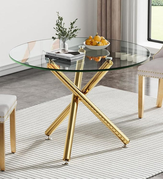 36" Round Glass Dining Table for 4, Modern Dining Room Table with Gold Metal Cross Legs, Adjustable Foot Pads, Tempered Glass Top Kitchen Dinner Tables for Kitchen Dining Room Small Apartment