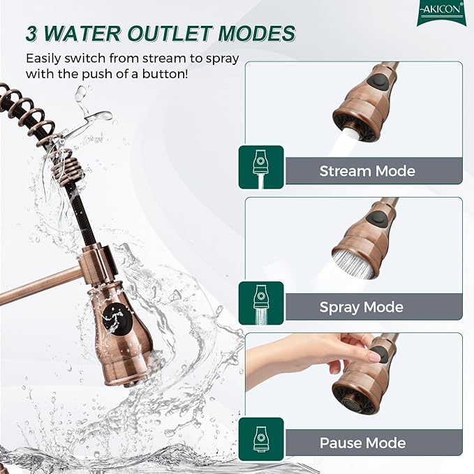 Akicon Antique Copper Pre-Rinse Spring Kitchen Faucet, Single Level Solid Brass Kitchen Sink Faucets with Pull Down Sprayer