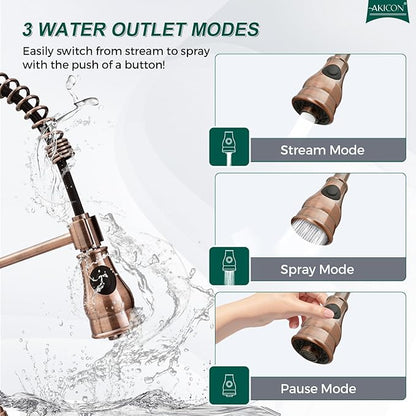 Akicon Antique Copper Pre-Rinse Spring Kitchen Faucet, Single Level Solid Brass Kitchen Sink Faucets with Pull Down Sprayer