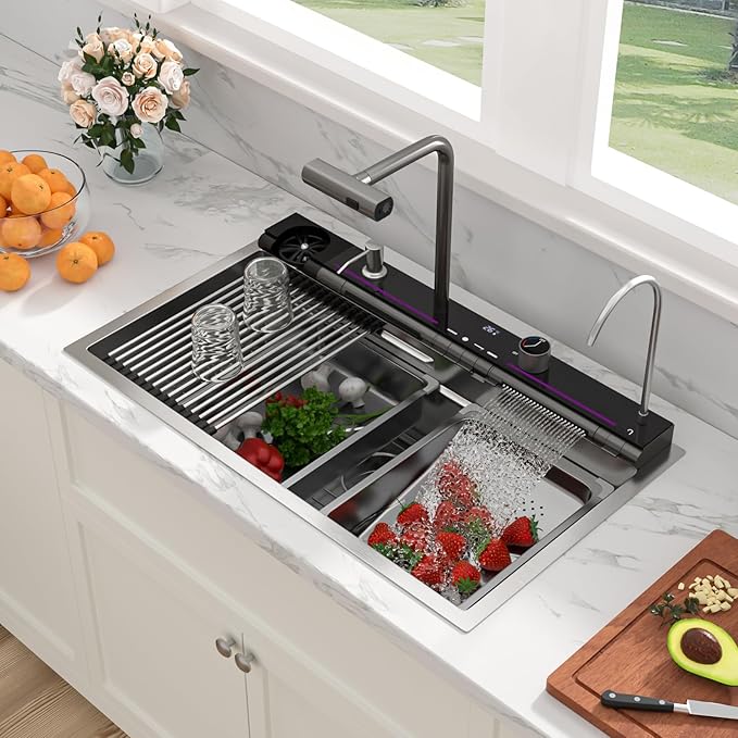 Sarlai Waterfall Kitchen Sink 33 Inch - Drop In Kitchen Sink 33x19 Inch Workstation Waterfall Smart Sinks Single Bowl 16 Gauge Stainless Steel Multifunction Topmount Sinks Basin with Faucet Combo
