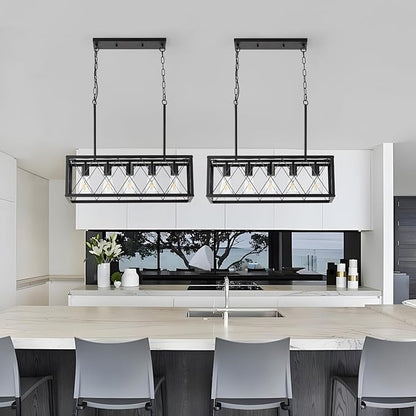 KEESFU Black Farmhouse Kitchen Island Lighting, 5 Lights Pendant Lighting Fixtures, Adjustable Height, Industrial Dining Room Light for Living Room Foyer Dining Table Over Sink.