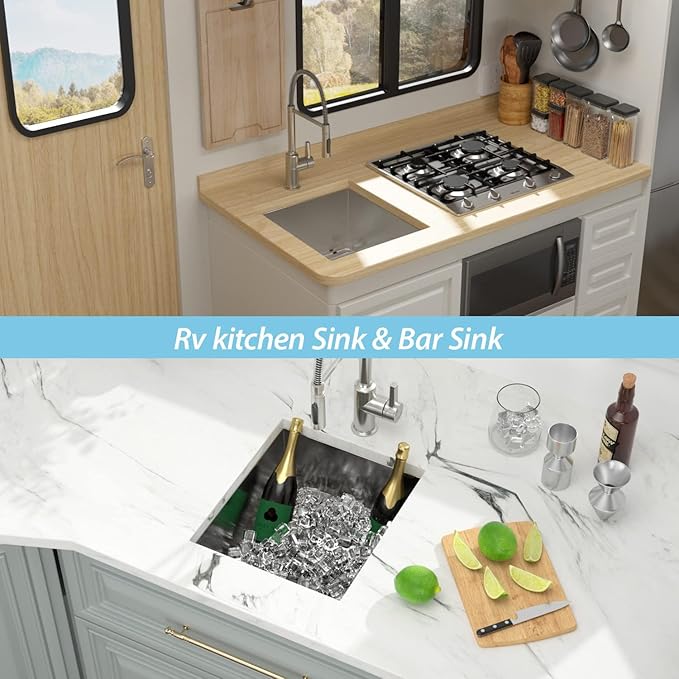 Kichae 15 Inch Undermount Sink Stainless Steel Bar Prep Sink 15x17 Undermount Single Bowl 16 Gauge Stainless Steel RV Kitchen Sinks Handmade Round Corner