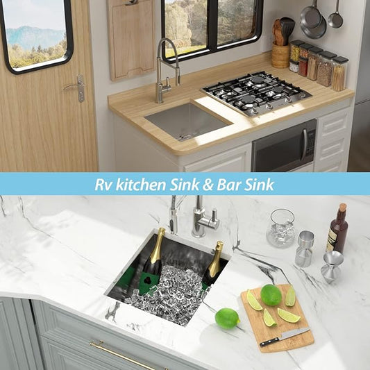 Kichae 14 Inch Small Kitchen Sink Undermount 14 x 18 Bar Prep Sink Undermount 18 Gauge Stainless Steel Deep Single Bowl RV Basin Handmade Round Corner