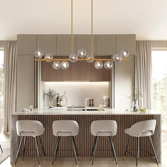 Linear Chandeliers for Dining room, 51" Large Dining Room Light Fixture 11 Lights Brass Linear Chandelier with Gray Glass Globe Chandelier Brass Sputnik Chandeliers Pendant island Lights for Kitchen