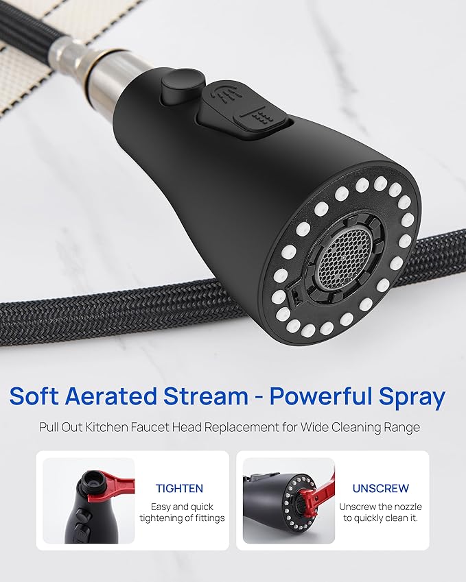 Metal Kitchen Faucet Head Replacement – 3 Mode Kitchen Sink Sprayer Replacement with 15 Nozzle Adapters, Durable Pull Down Spray Head for Kitchen Sink (Stream/Spray/Blade),Stainless Steel, Matte Black