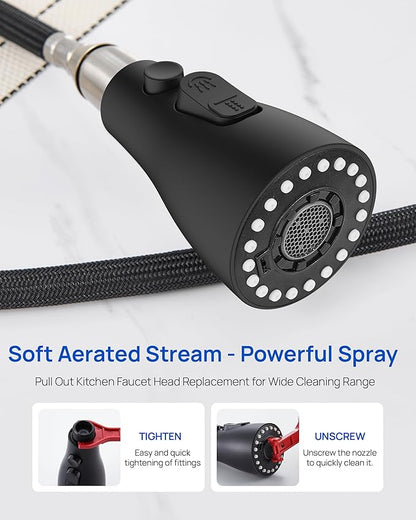 Metal Kitchen Faucet Head Replacement – 3 Mode Kitchen Sink Sprayer Replacement with 15 Nozzle Adapters, Durable Pull Down Spray Head for Kitchen Sink (Stream/Spray/Blade),Stainless Steel, Matte Black