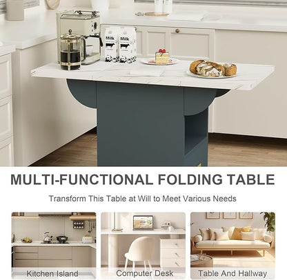 39.4" Space Saving Folding Dining Table, Rectangular Dining Table with 4 Wheels Wood Movable Kitchen Table with Storage Rack and 1 Drawers Versatile Table Kitchen Island, Side Table and Coffee Table