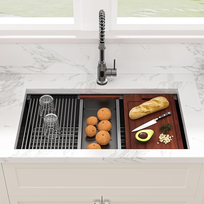 Sarlai 30 Inch Undermount Kitchen Sink Stainless Steel - 30 x 18 Inch Black Undermount Workstation Sink Commercial 16 Gauge Stainless Steel Gunmetal Black Sink Deep Single Bowl Kitchen Sink