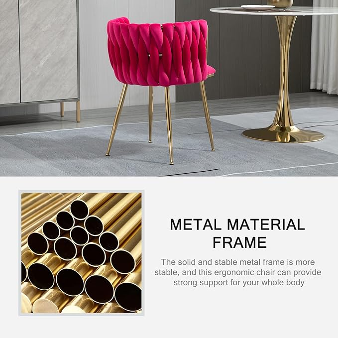 Nrizc Woven Dining Chairs Set of 2, Velvet Upholstered Dining Chairs with Gold Metal Legs, Modern Accent Chairs for Living Room, Dining Room, Kitchen (Rose Red)