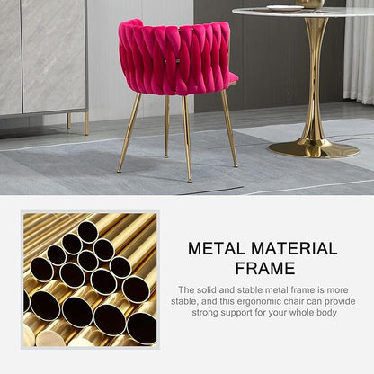 Nrizc Woven Dining Chairs Set of 6, Velvet Upholstered Dining Chairs with Gold Metal Legs, Modern Accent Chairs for Living Room, Dining Room, Kitchen (Rose Red)