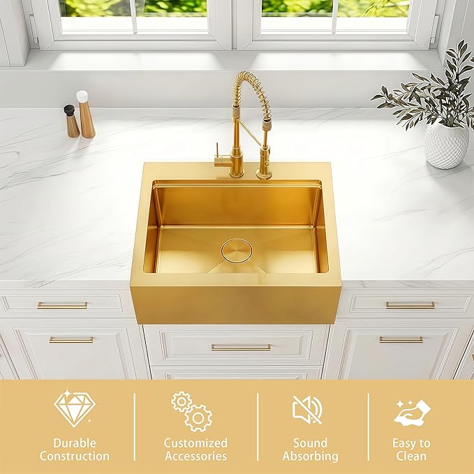 28 Inch Farmhouse Gold Sink, 16 Gauge 304 Stainless Steel Farm Sinks, Drop In Topmount Single Bowl Workstation Sink with all Accessories, 28" x 22" x 10" Deep Kitchen Sink