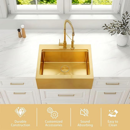 28 Inch Farmhouse Gold Sink, 16 Gauge 304 Stainless Steel Farm Sinks, Drop In Topmount Single Bowl Workstation Sink with all Accessories, 28" x 22" x 10" Deep Kitchen Sink