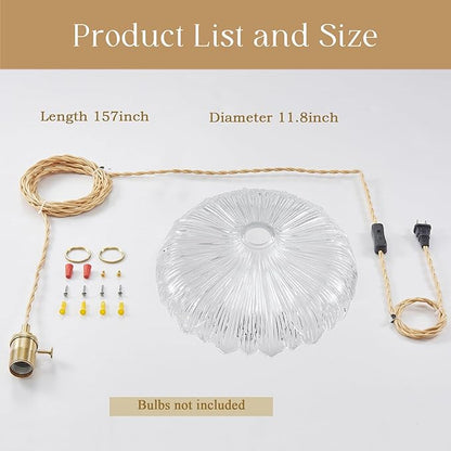 Plug in Pendant Light, 14Ft Cord Clear Glass Shade Hanging Light, Industrial Pendant Light for Dinning Room On/Off Switch Hanging Lamp Plug in, Bedroom and Kitchen Island