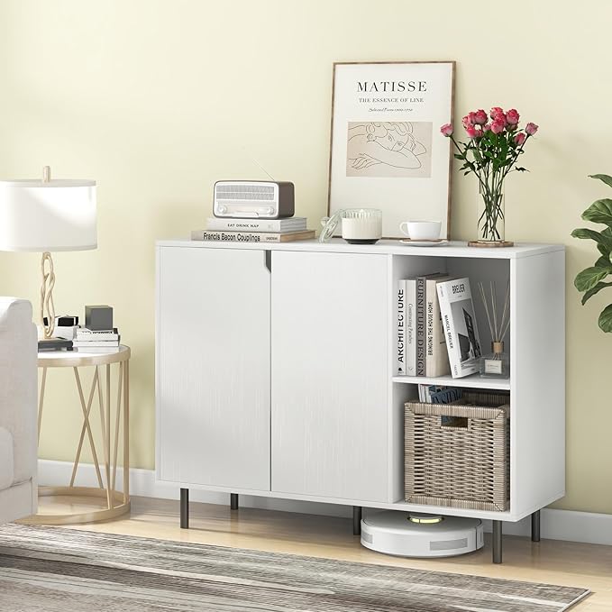 Giantex Buffet Cabinet with Storage, Wooden Sideboard with 2-Door Cabinet, 2 Cubes, 5-Position Adjustable Shelves, 5 Metal Legs, Anti-Toppling Device, Modern Furniture for Kitchen Living Room (White)