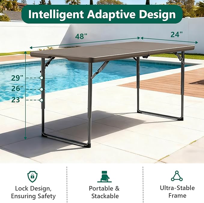 Folding Table 4ft - Heavy Duty Fold-in-Half Plastic Table with Adjustable Height, Portable Utility Tables with Steel Legs for Indoor, Outdoor, Picnic, Camping, Dining, Party (Khaki)