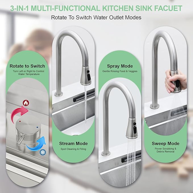 33 inch Drop In Kitchen Sink - Beslend 33x22x10 Waterfall Sink with Pull-Down Faucet 16 Gauge Stainless Steel, Double Track Workstation Kitchen Sinks with Faucet Combo, Handmade Dish Basin