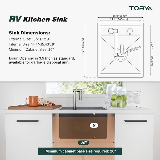 TORVA RV Kitchen Sink, 16 x 17 x 9 Inch Undermount Bar Sink 16 Gauge Stainless Steel Single Bowl Sink with Foldable Faucet Cutting Board, Grey