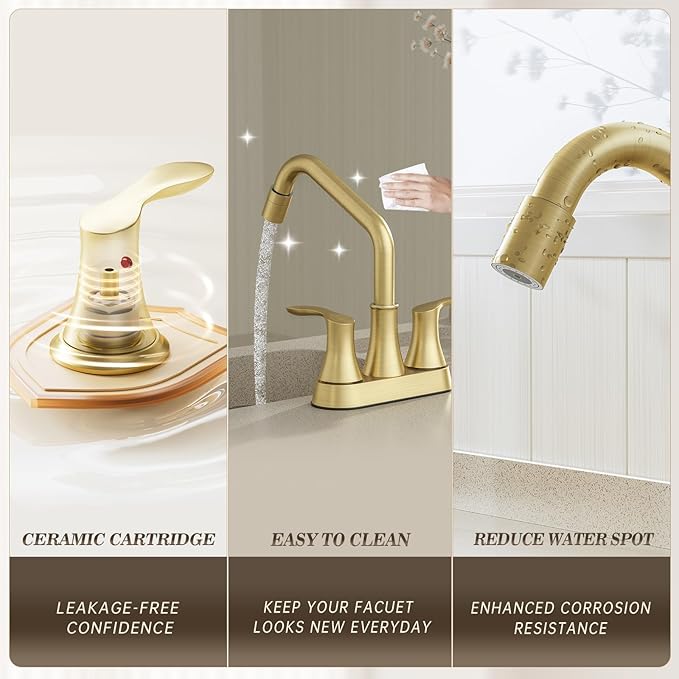 Phiestina Gold Utility Sink Faucet 3 Hole, Laundry Sink Faucet with Pull Out Sprayer, Long Spout Dual Handle Modern Bathroom Faucet, 4 Inch CenterSet Laundry & Utility Room Sink Faucets, LF36CL-2M-BG