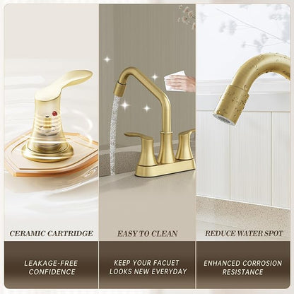 Phiestina Gold Utility Sink Faucet 3 Hole, Laundry Sink Faucet with Pull Out Sprayer, Long Spout Dual Handle Modern Bathroom Faucet, 4 Inch CenterSet Laundry & Utility Room Sink Faucets, LF36CL-2M-BG