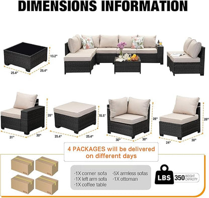 JOYURE 9 Pieces Patio Furniture Set All-Weather Outdoor Wicker Sectional Conversation Sofa Rattan Patio Seating Sofa with Cushion and Glass Table and Ottoman for Porch Poolside,Beige