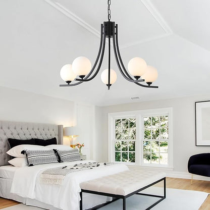 Modern Sputnik Chandelier for Dining Room Black Farmhouse Chandelier Glass Globe Dining Room Light Fixtures Mid Century White Glass Chandelier for Living Room Bedroom Kitchen Island Foyer