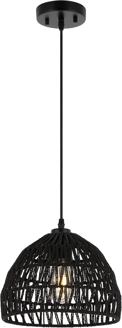 JONATHAN Y 10.25" Black Modern Bohemian Woven Rope LED Pendant Light Fixture, Adjustable Dome Ceiling Lamp for Kitchen Island, Rope Shade, Coastal Farmhouse Decor (JYL6513B)