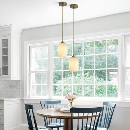 KCO Lighting Mini Milk Glass Pendant Light Small Ribbed Glass Ceiling Light Modern Globe Pendant Lighting White and Gold Ceiling Hanging Lights Mid Century Brass Pendant Light Fixture 2 Pack