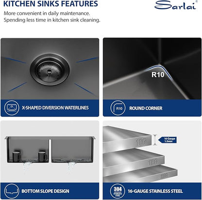 Sarlai Black Farmhouse Sink 33 Inch Double Bowl - 33x21 inch Apron Front Kitchen Sink Double Bowl 50/50 Gunmetal Black Stainless Steel 16 Gauge Round Corner Farm Farmer Kitchen Sinks