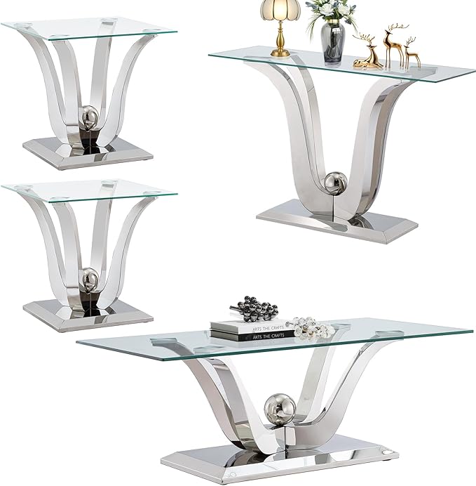 Luxury Glass Coffee Table Set of 4 Piece Silver Living Room Table Set of 4 Including Coffee Sofa End Tables Set,Gorgeous Stainless Steel Frame, Clear Glass Top for Living Room Home Office Apartment