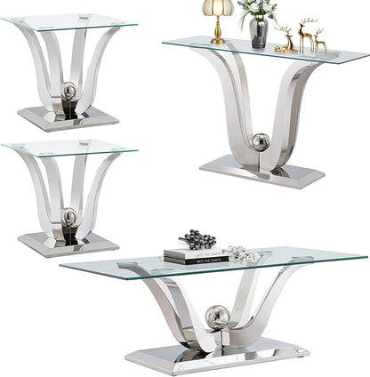 Luxury Glass Coffee Table Set of 4 Piece Silver Living Room Table Set of 4 Including Coffee Sofa End Tables Set,Gorgeous Stainless Steel Frame, Clear Glass Top for Living Room Home Office Apartment