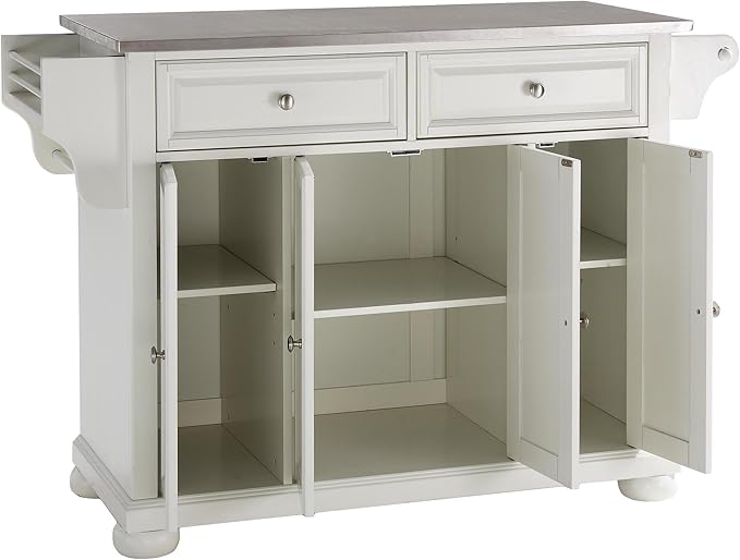 Crosley Furniture Alexandria Stainless Steel Top Rolling Kitchen Island Storage Cart, Spice Rack, White