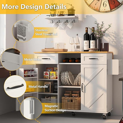 knoworld 51.5'' Rolling Kitchen Island with Storage Cabinet & Drawers, Drop Leaf Kitchen Cart on Wheels, Farmhouse Portable Mobile Islands, Large Butcher Block Table with Tower/Spice Rack, White