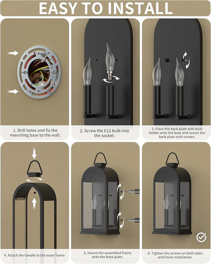 Outdoor Wall Light Fixtures, 2 Light Porch Lights Outdoor, Matte Black Exterior Waterproof Wall Sconce with Glass Shade, Outside Lantern for House Garage Doorway Patio Entryway, E12 Socket