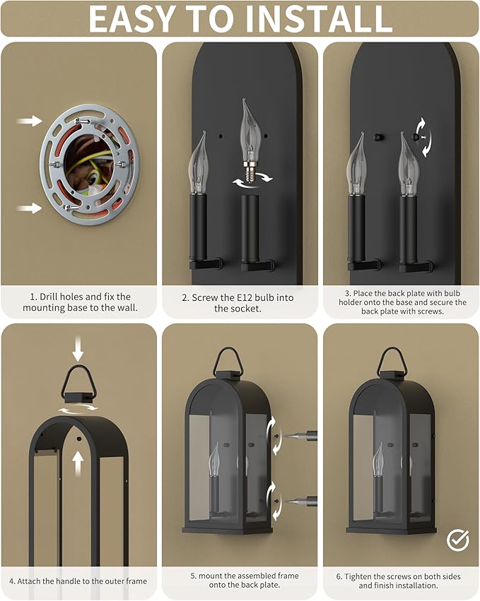 Outdoor Wall Light Fixtures, 2-Light Porch Lights Outdoor, Matte Black Exterior Waterproof Wall Sconce with Glass Shade, Outside Lantern for House Doorway Patio Entryway, E12 Socket, 2 Pack