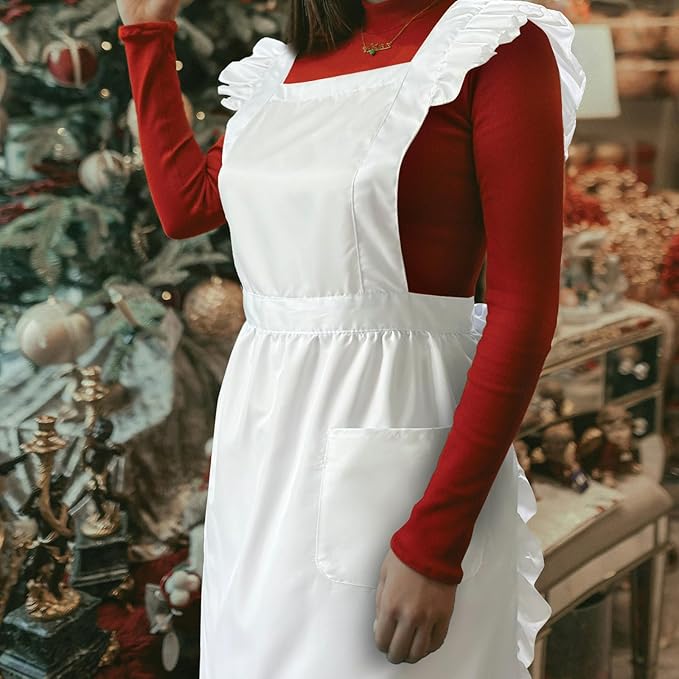 Cityelf Vintage White Apron Maid Pioneer Costume Victorian Style Cotton 50’s Ruffle Dress Apron with Long Ties and Pockets