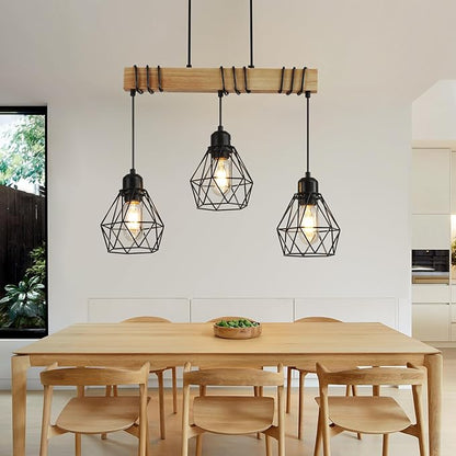 20" Farmhouse Kitchen Light Fixture, Black Hanging Kitchen Chandelier, 3-Light Rustic Dining Room Light Adjustable Height with Wood and Metal Frame, Suit for Farmhouse, Industrial Style