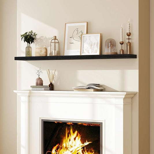 Fun Memories 66 Inch Fireplace Mantel Shelf with Invisible Bracket, 8 Inch Deep Floating Shelf for Living Room, Kitchen, Farmhouse, Black (2-Pack)