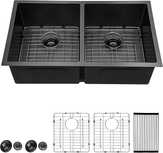 Lordear Double Bowl Black Kitchen Sink 16 Gauge Stainless Steel Undermount Kitchen Sinks Matte Gunmetal Black 50/50 Round Corner Sink 33x19x10 Inch
