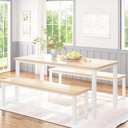 Recaceik 47” Dining Table Set for 4, 3-Piece Kitchen Table with 2 Benches, Wood Kitchen Table and Chair Set, Space-Saving Dining Room Set Dinette Set for Breakfast Nook and Small Space, Beige