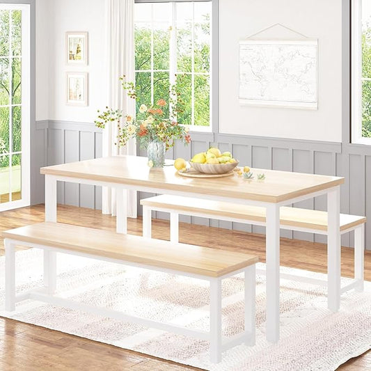 Recaceik 47” Dining Table Set for 4, 3-Piece Kitchen Table with 2 Benches, Wood Kitchen Table and Chair Set, Space-Saving Dining Room Set Dinette Set for Breakfast Nook and Small Space, Beige