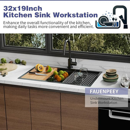 Black Kitchen Sink Workstation,32"x19" Stainless Steel Undermount Single Bowl Sink Built-in Ledge Drop In Workstation Sink Design For Place/Slide Accessories-Cutting Board,Drying Rack,Colander