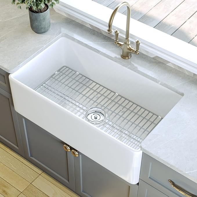 DeerValley Farmhouse Kitchen Sink 33 Inch, Fireclay White Undermount Kitchen Sink, Apron-Front, Large Deep Single Bowl with Bottom Grid & Strainer
