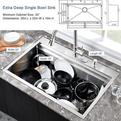 30 Inch Kitchen Sink Drop In-Hovheir 30x22 Stainless Sink Kitchen Sinks Drop In Top Mount Workstation 16 Gauge Stainless Steel Single Bowl Deep Sinks with Cutting Board